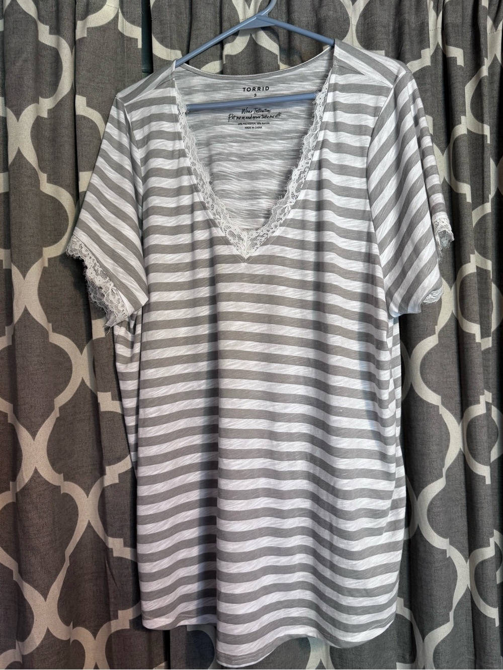 torrid Gray & White Striped Lace-Trim V-Neck Top